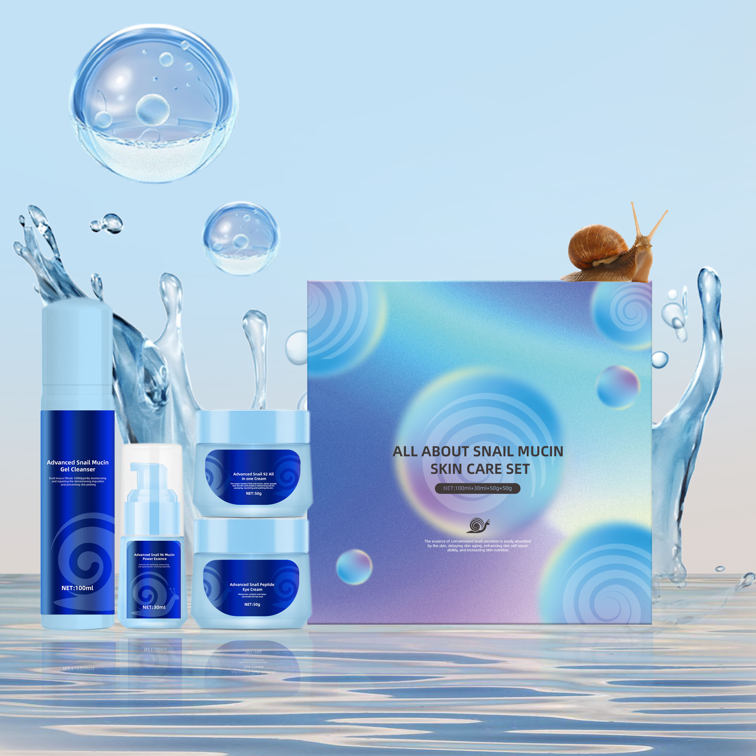 Private Label Natural Repair Face Cleanser Serum Face Eye Cream Skincare Kit Advanced Snail Mucin Skin Care Set